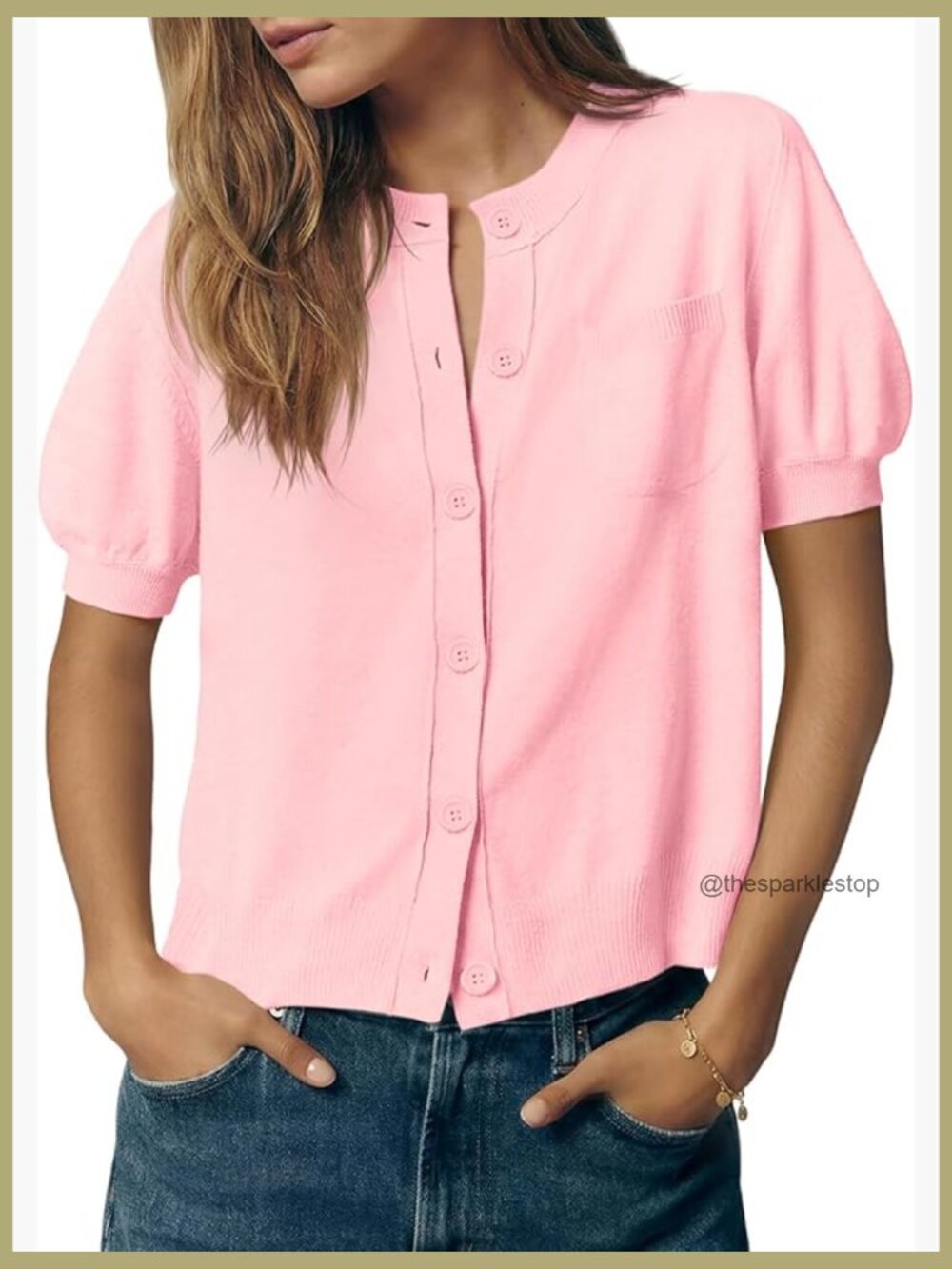 Puff Short Sleeve Cardigan - Crew Neck Button Down Lightweight Summer Knit
